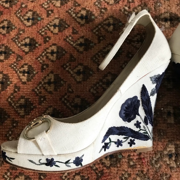 Gucci Embroidered Floral Canvas Platform Wedges - Picture 2 of 8